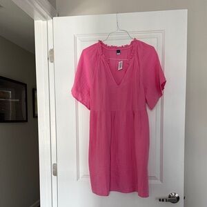 Old Navy Pink Split-Neck Crinkle Gauze Swing Dress